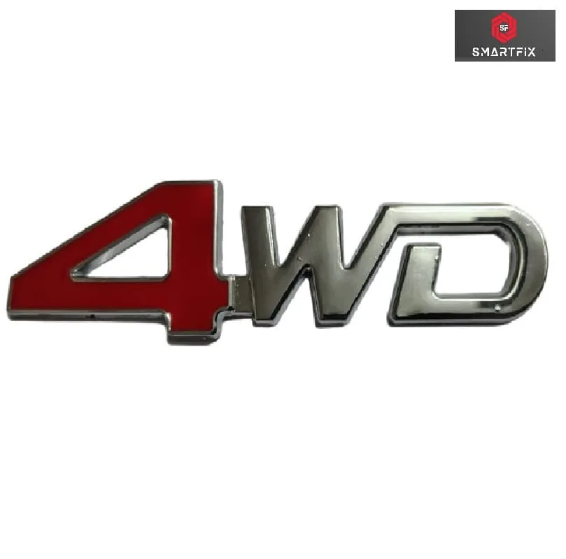 4WD 3D Metal Car Stickers for Cars, Red Silver & Black Silver Variants with Adhesive, Universal, 12.5x3x0.3 cm, Red Silver, Pack of 1