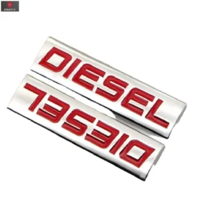 Diesel Metal Badge Car Logo Monogram 3D Silver (with Red Text), Universal, Diesel Fuel Lid Sticker