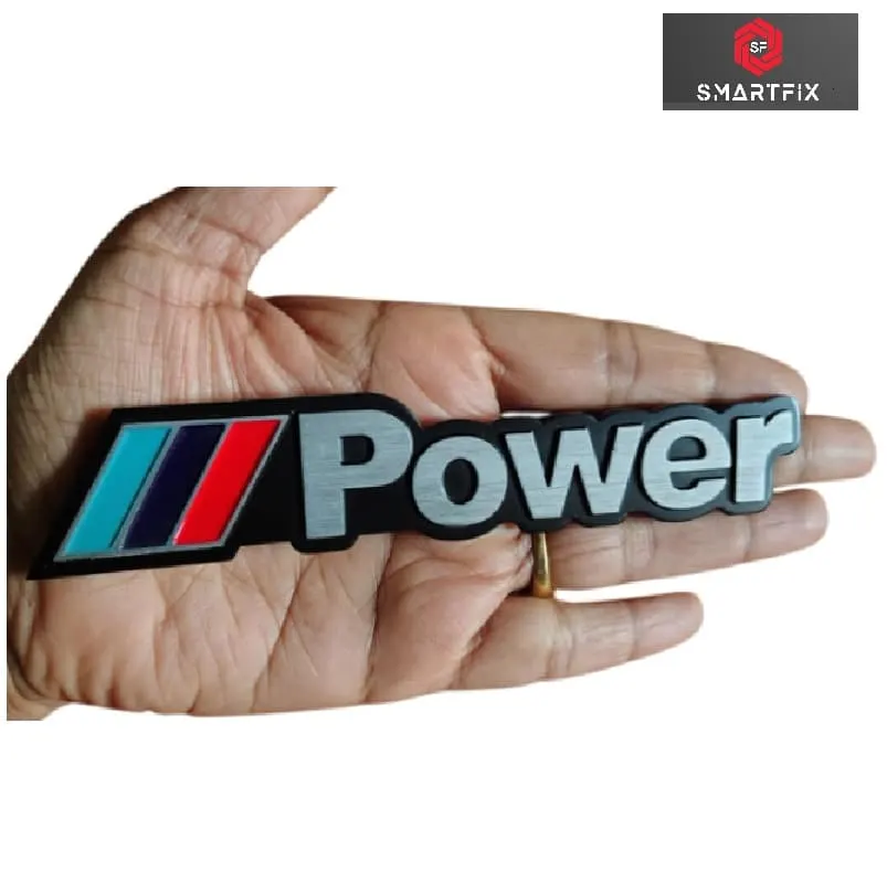 Power 3D Metal Emblem Sticker Badge, with Adhesive for Cars, Bikes & More, Decal, Universal, Black and Grey, Pack of 1, 14.5X2.7X0.2 CM - Image 2