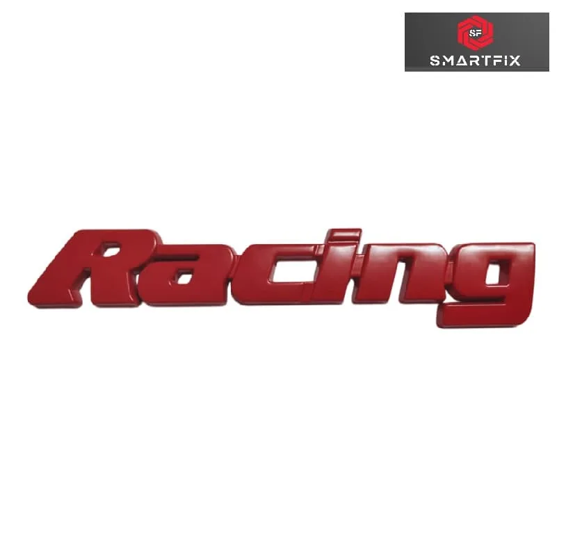 Racing 3D Metal Logo Badge Sticker for Cars and Bikes, Universal, Red, 13x2x0.5 cm, Pack of 1, Chrome, with Adhesive