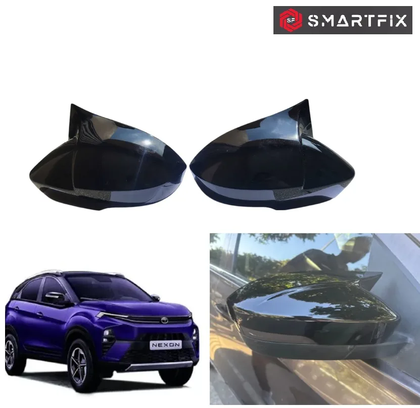 Batman Style Side Mirror Cover for Tata Nexon 2017-2022 Model with Indicator Cut, Glossy Black, Set of 2 LH & RH